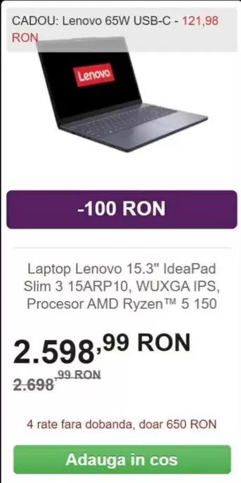 Lenovo - Laptop 15.3" IdeaPad Slim 3 15ARP10, WUXGA IPS, Procesor AMD Ryzen
5 150