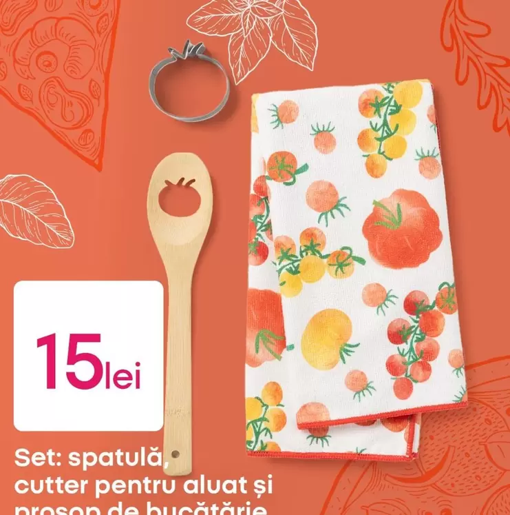 Set: spatula, cutter for dough and kitchen towel