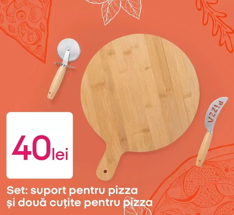 Set: suport pentru pizza și două cuțite pentru pizza