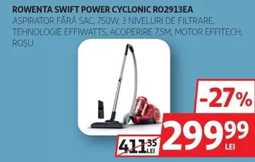 SWIFT POWER CYCLONIC RO2913EA ASPIRATOR FĂRĂ SAC, 750W, 3 NIVELURI DE FILTRARE, TEHNOLOGIE EFFIWATTS, ACOPERIRE 7,5M, MOTOR EFFITECH
