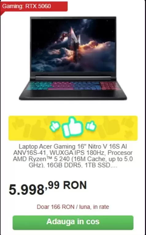 Amd - Laptop Acer Gaming 16" Nitro V 16S AI ANV16S-41, WUXGA IPS 180Hz, Procesor AMD Ryzen
™ 5 7520U (16M Cache, up to 5.0 GHz), 16GB DDR5, 1TB SSD