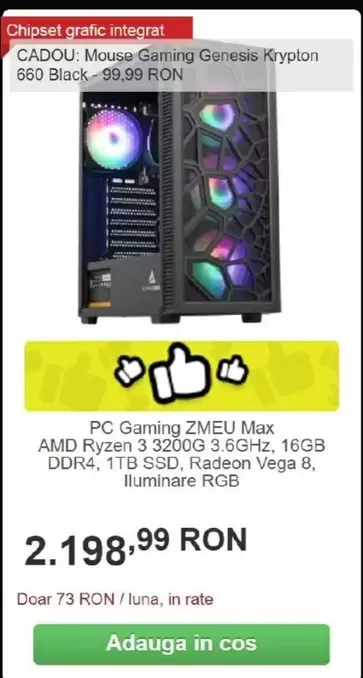Amd - PC Gaming ZMEU Max AMD Ryzen 3 3200G 3.6GHz, 16GB DDR4, 1TB SSD, Radeon Vega 8, Iluminare RGB