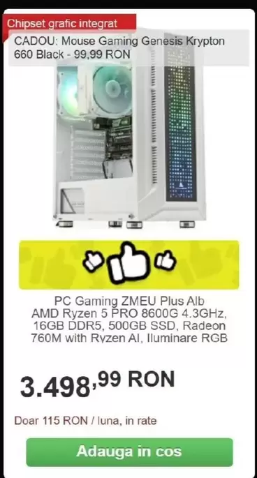 Alb - PC Gaming ZMEU Plus AMD Ryzen 5 PRO 8600G 4.3GHz, 16GB DDR5, 500GB SSD, Radeon 760M with Ryzen AI, Iluminare RGB