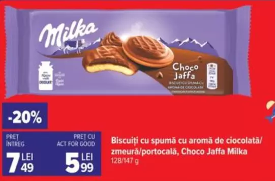 Milka - Biscuți cu spumă cu aromă de ciocolată/zmeură/portocală, Choco Jaffa