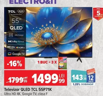 Televizor QLED 55P71K Ultra HD 4K, Google TV, clasa F