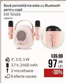 Boxă portabilă karaoke cu Bluetooth pentru copii EM 1040A