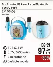 Boxă portabilă karaoke cu Bluetooth pentru copii EM 1040B