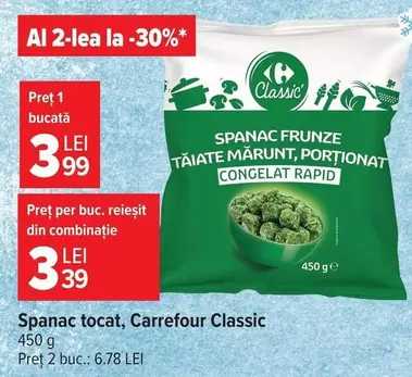Spanac frunze taiate marunt, portionat, congelat rapid