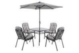 Set mobilier gradina, gri, otel, 4 persoane, 6 piese, masa + 4 scaune + umbrela, inlude perne • Colorado