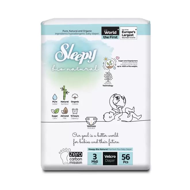 Scutece pentru bebelusi, Nr.3, 4-9 kg Midi, 56 buc, Sleepy Bio...