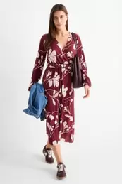 Pleated wrap dress with belt - floral