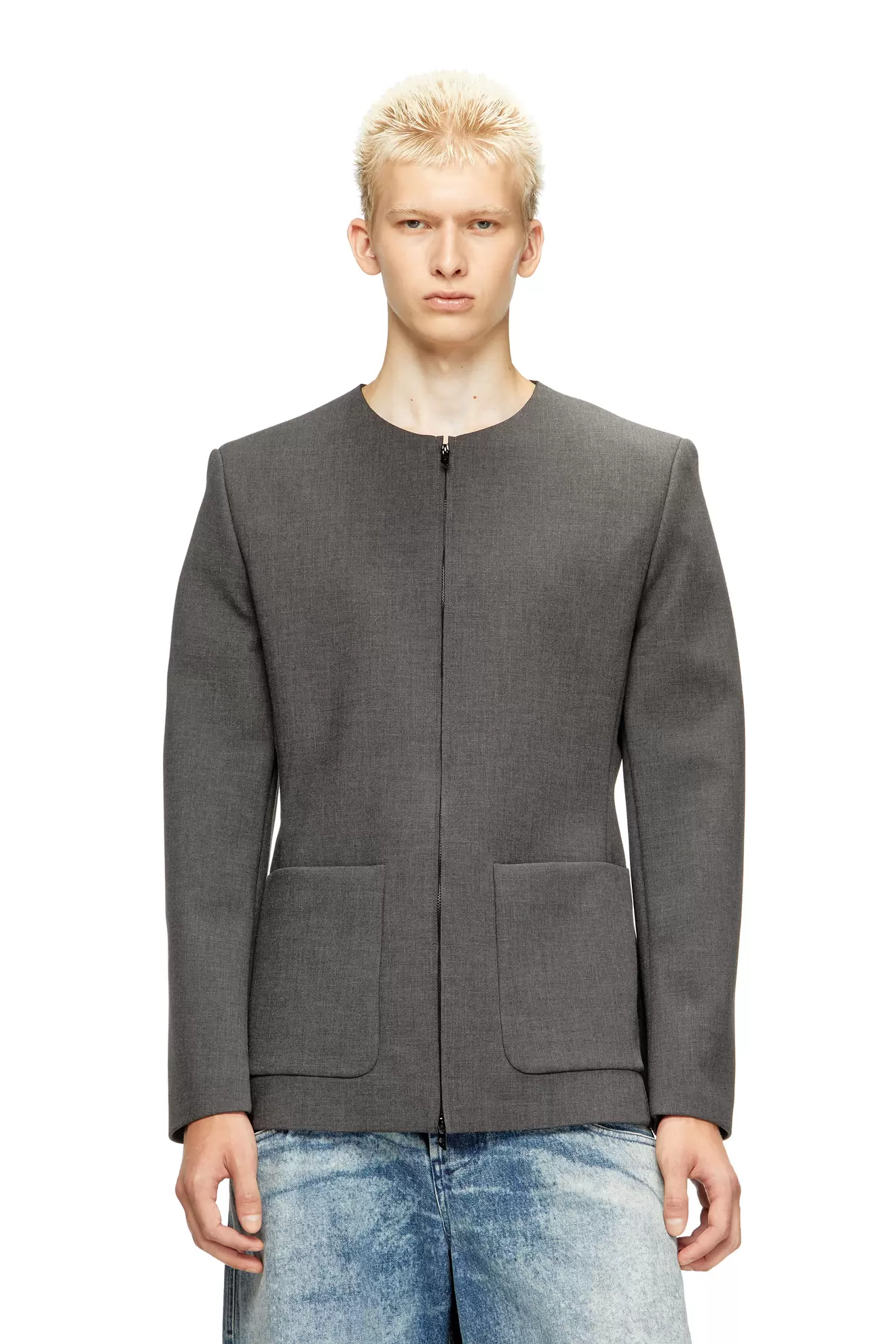 Collarless jacket in neoprene-bonded fabric