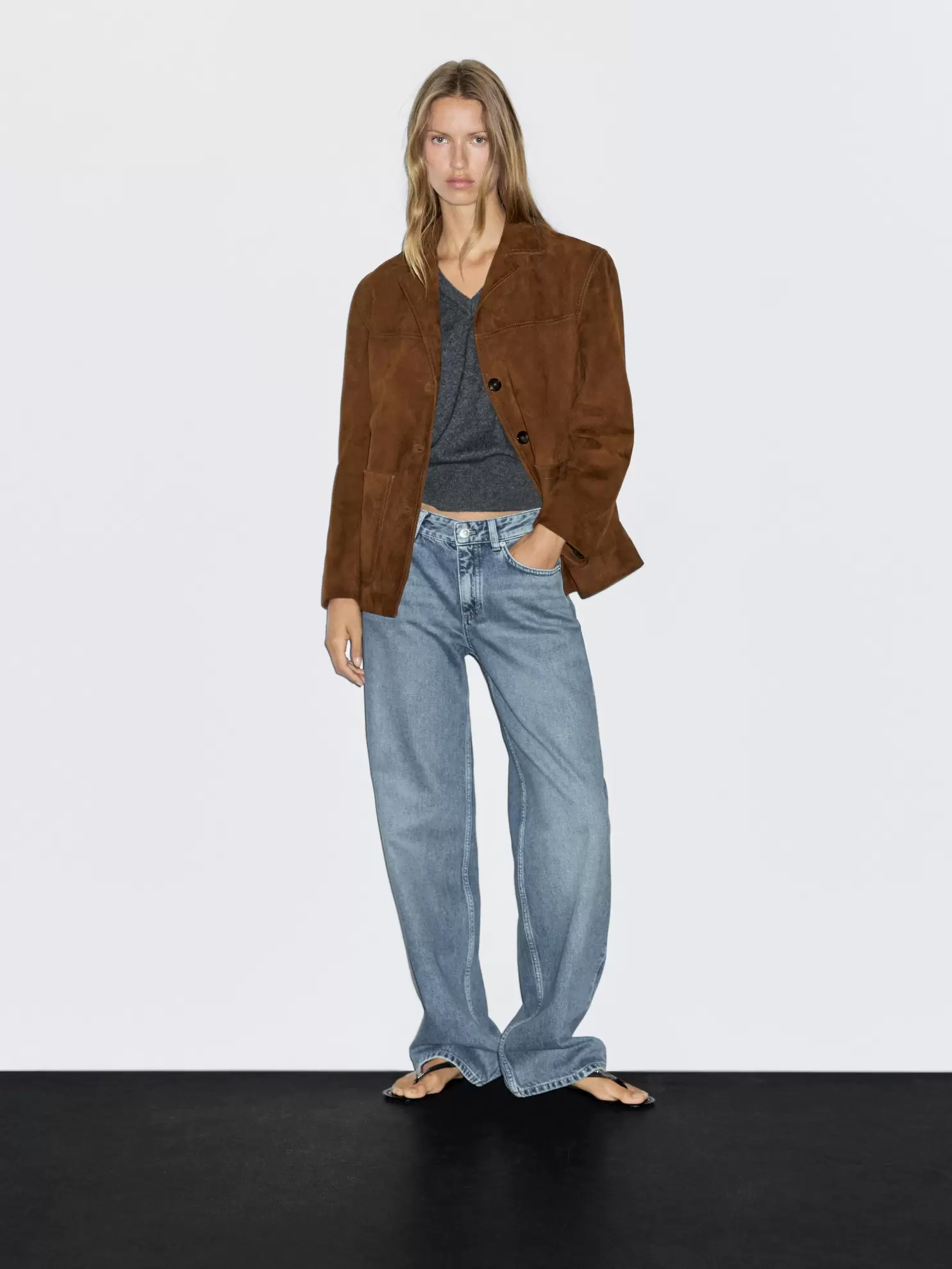Suede leather blazer with topstitching