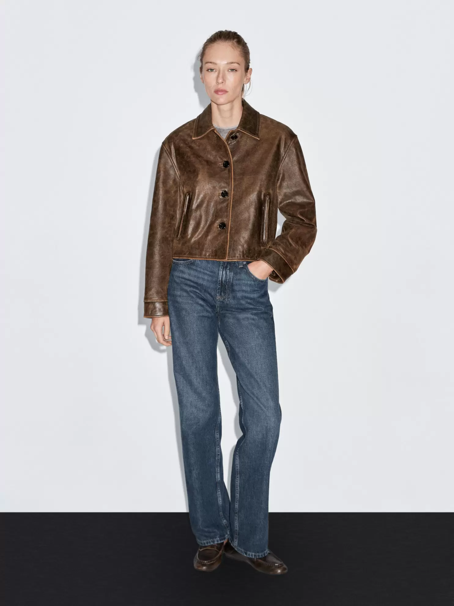Distressed effect nappa leather cropped jacket