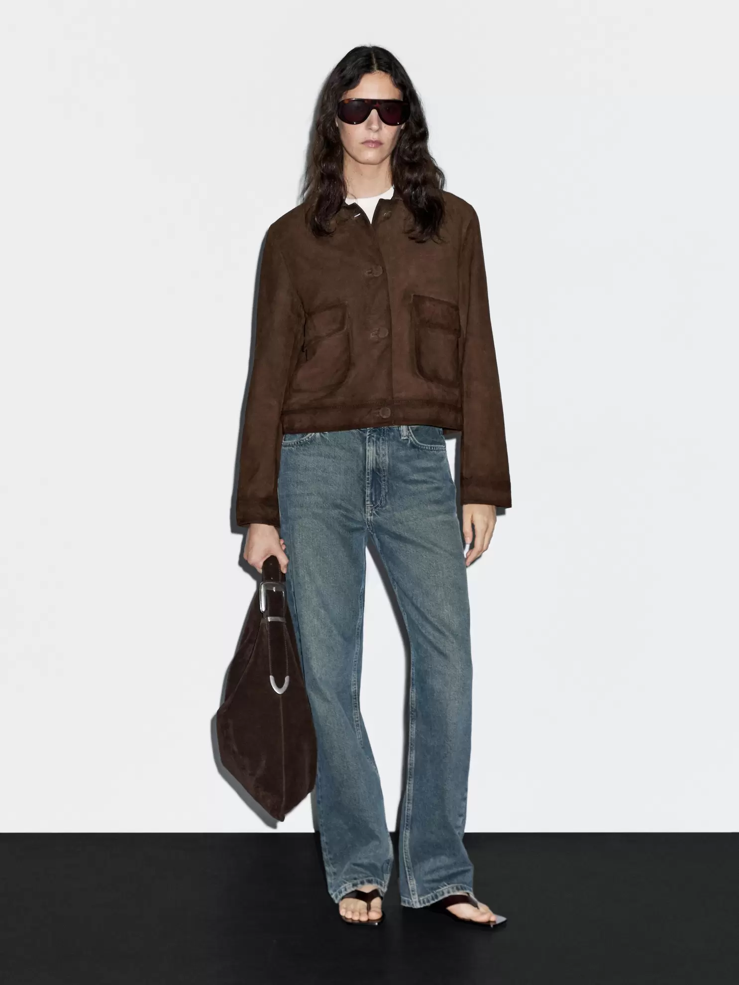 Cropped suede leather-lined jacket with buttons