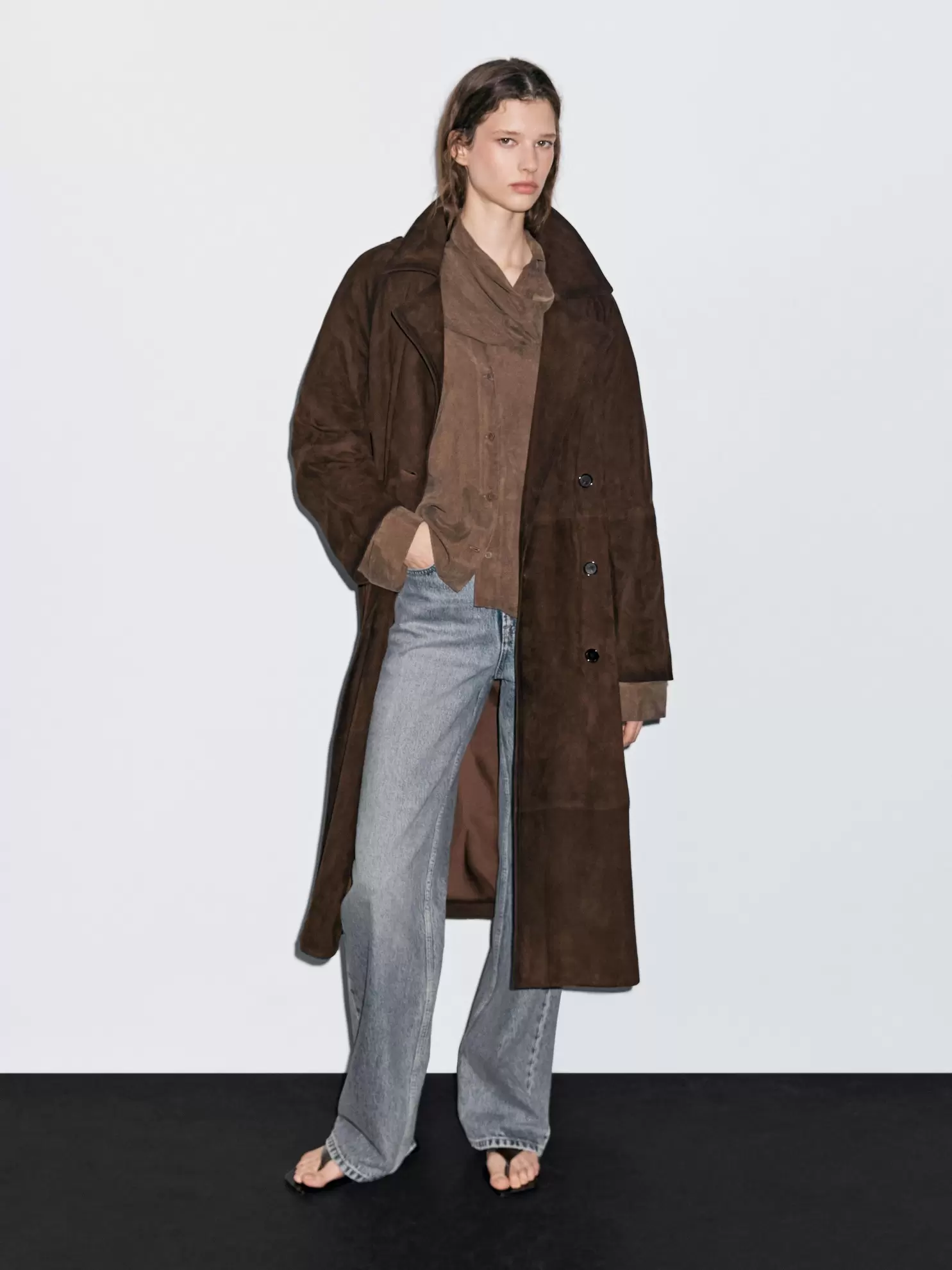 Long suede leather trench coat