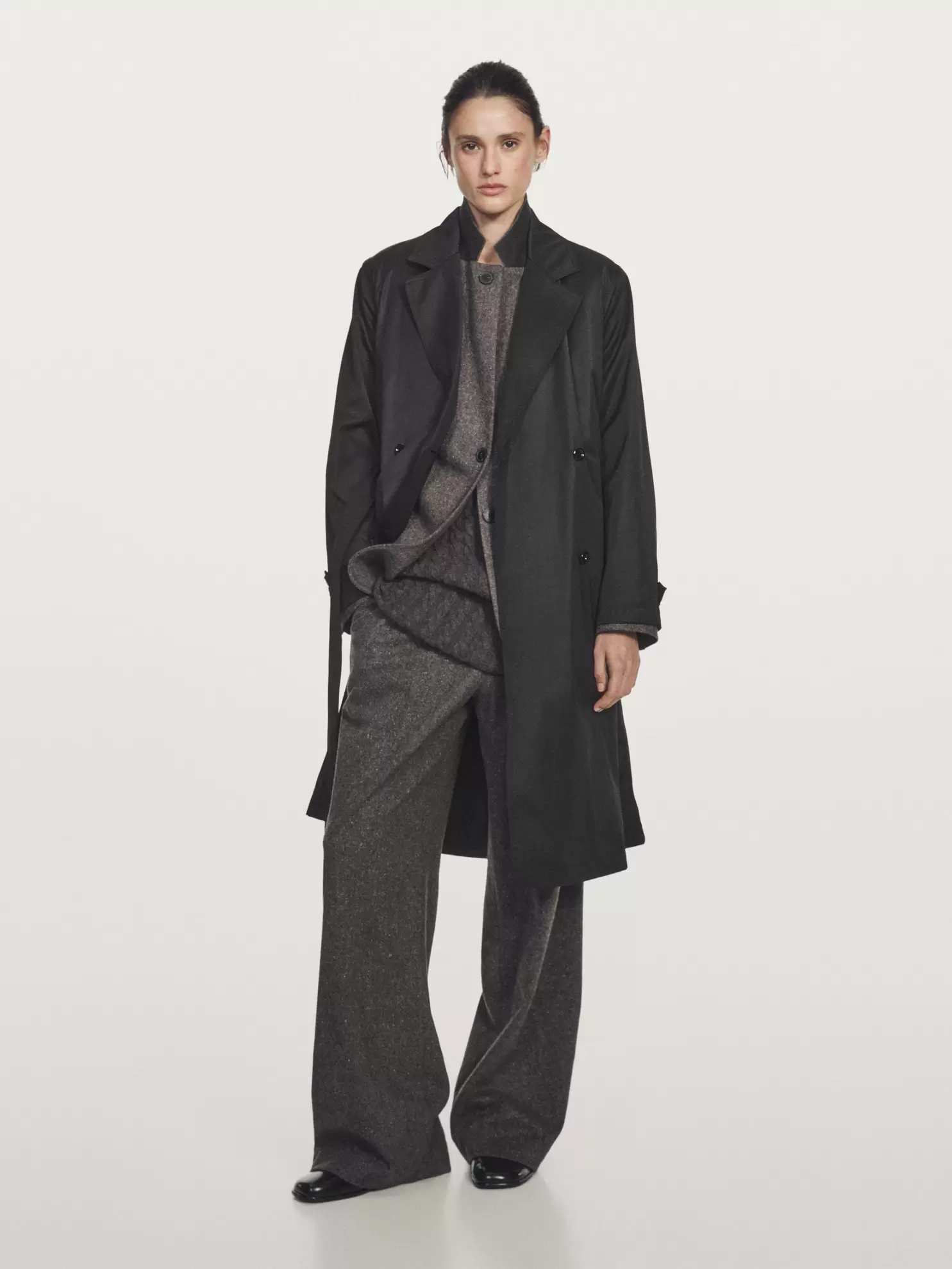 Long water-repellent trench coat with inner waistcoat