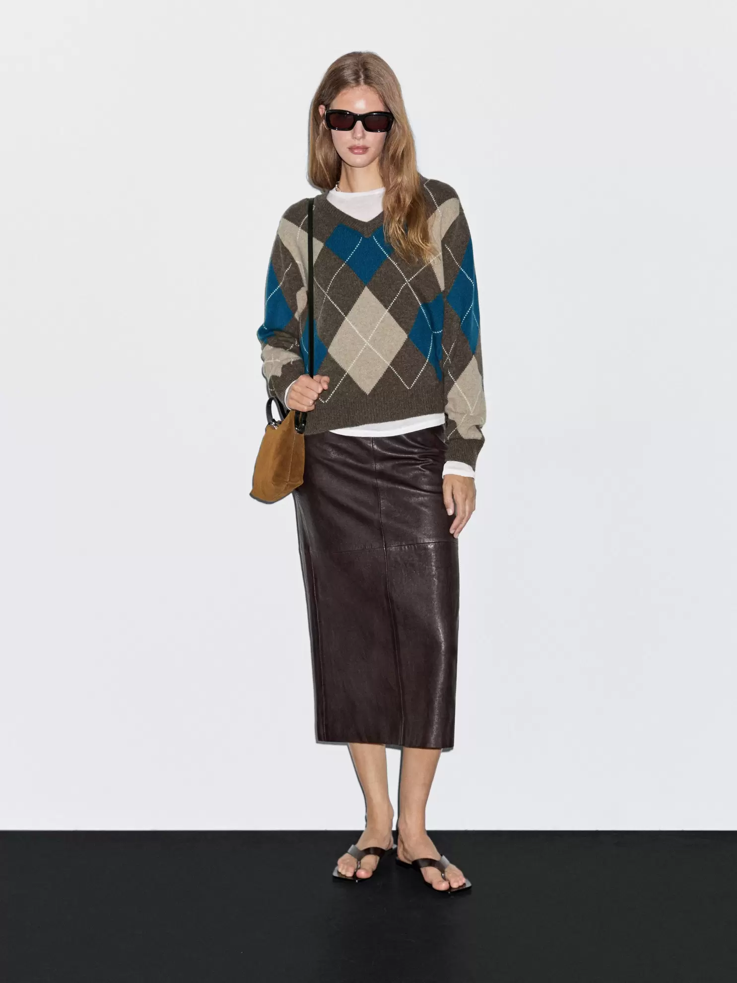 Wool blend argyle knit sweater