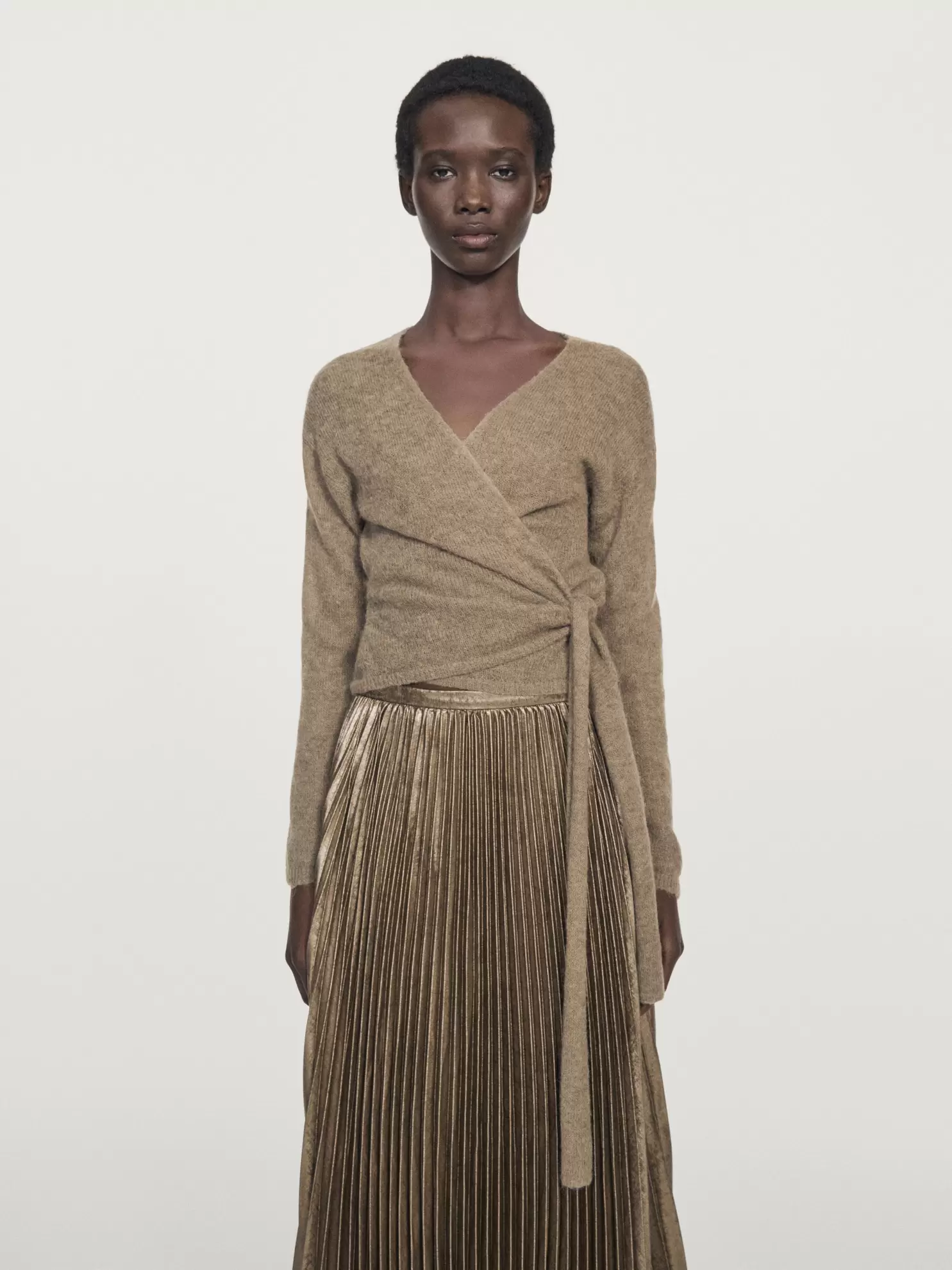 Alpaca blend crossover knit cardigan with tie