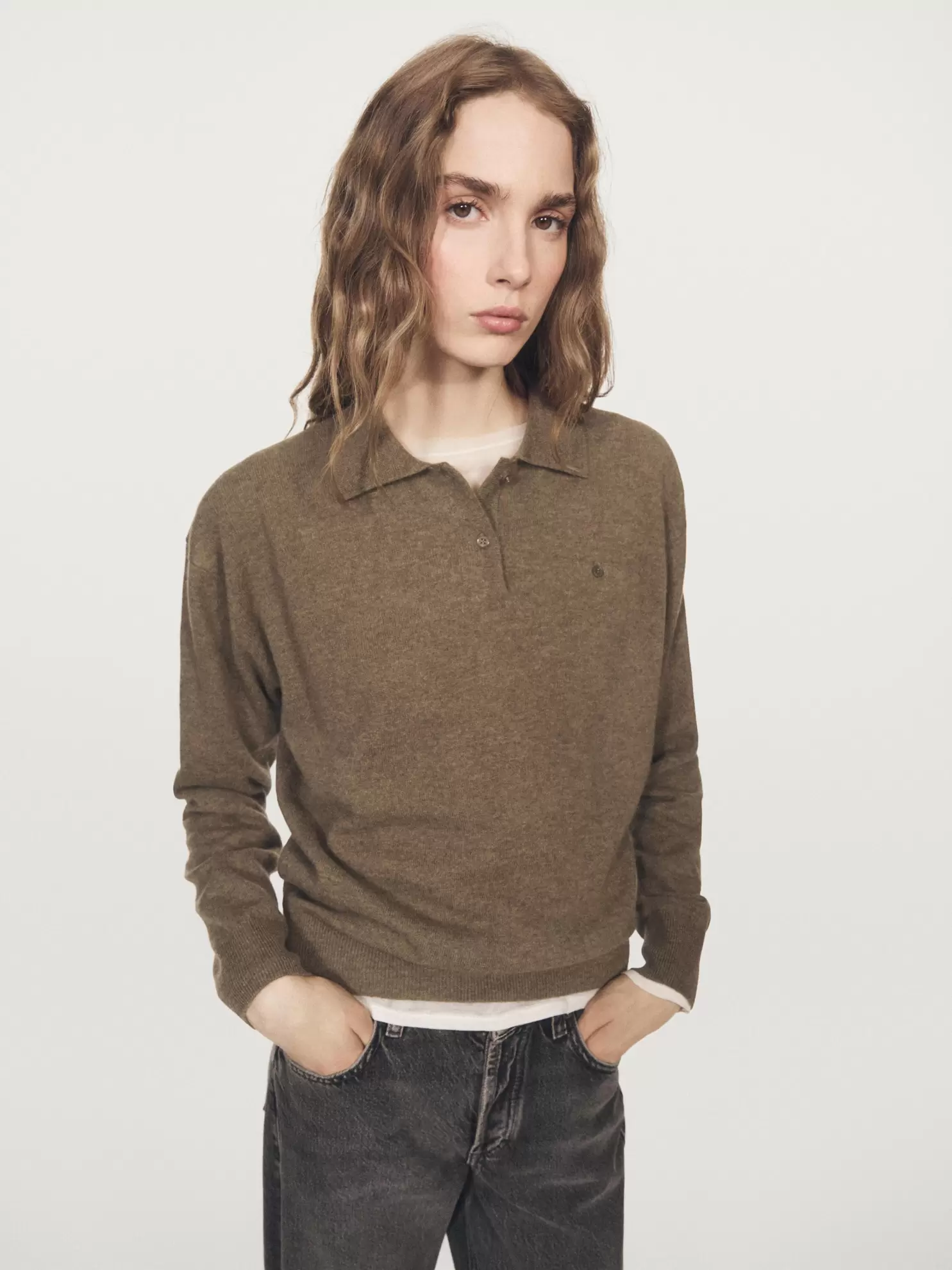 Knit polo sweater with pocket
