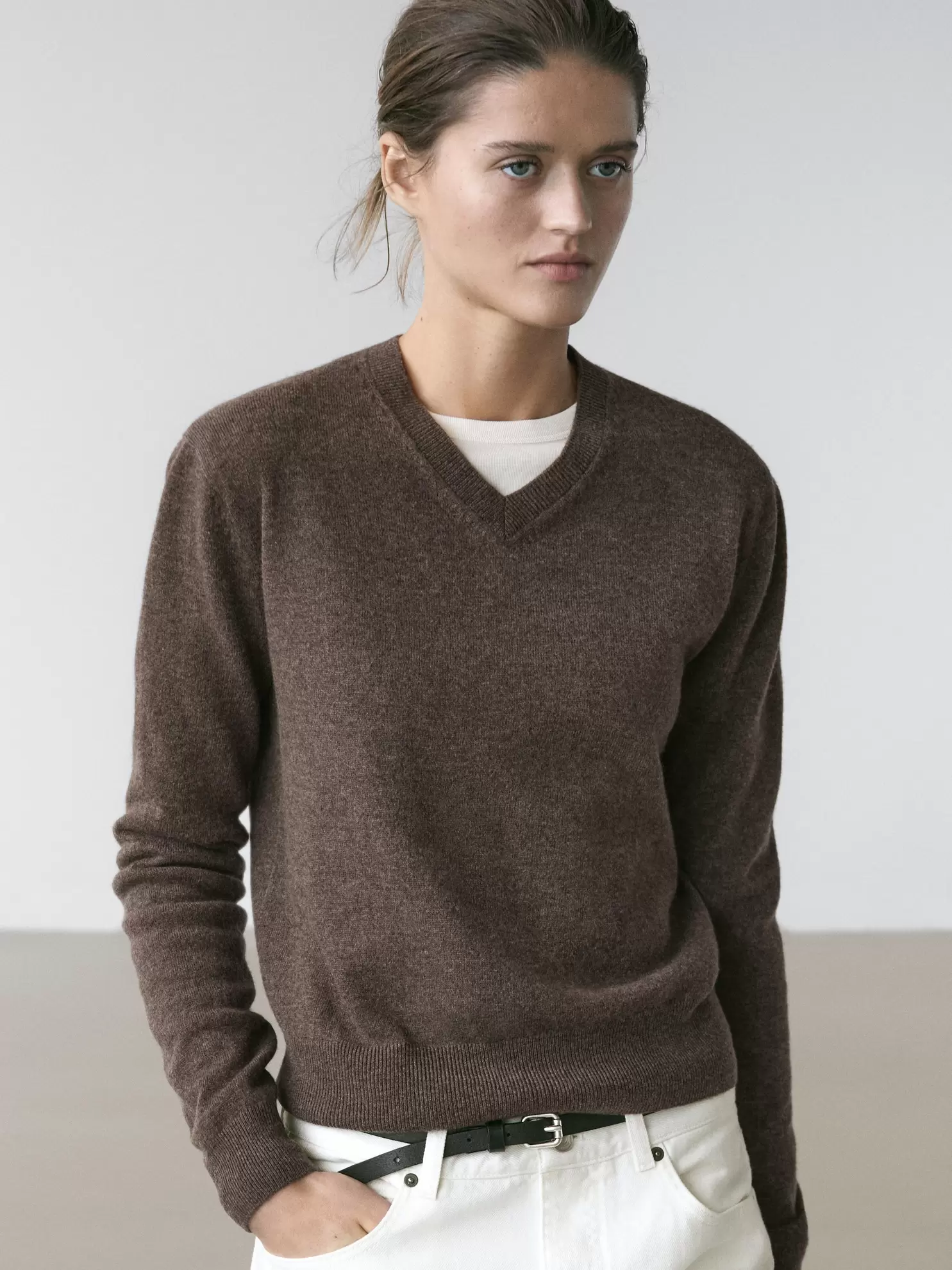 Wool blend knit V-neck sweater