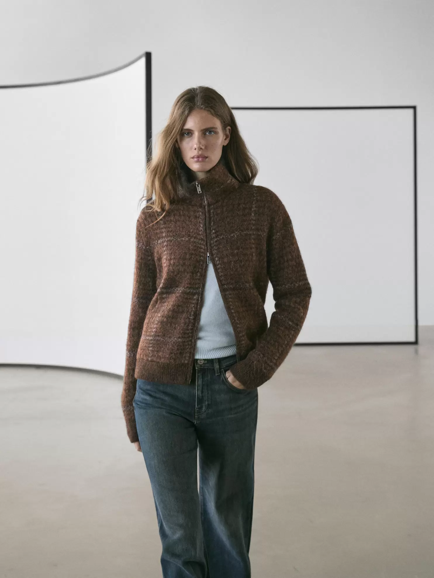 Check knit alpaca and felt texture cardigan