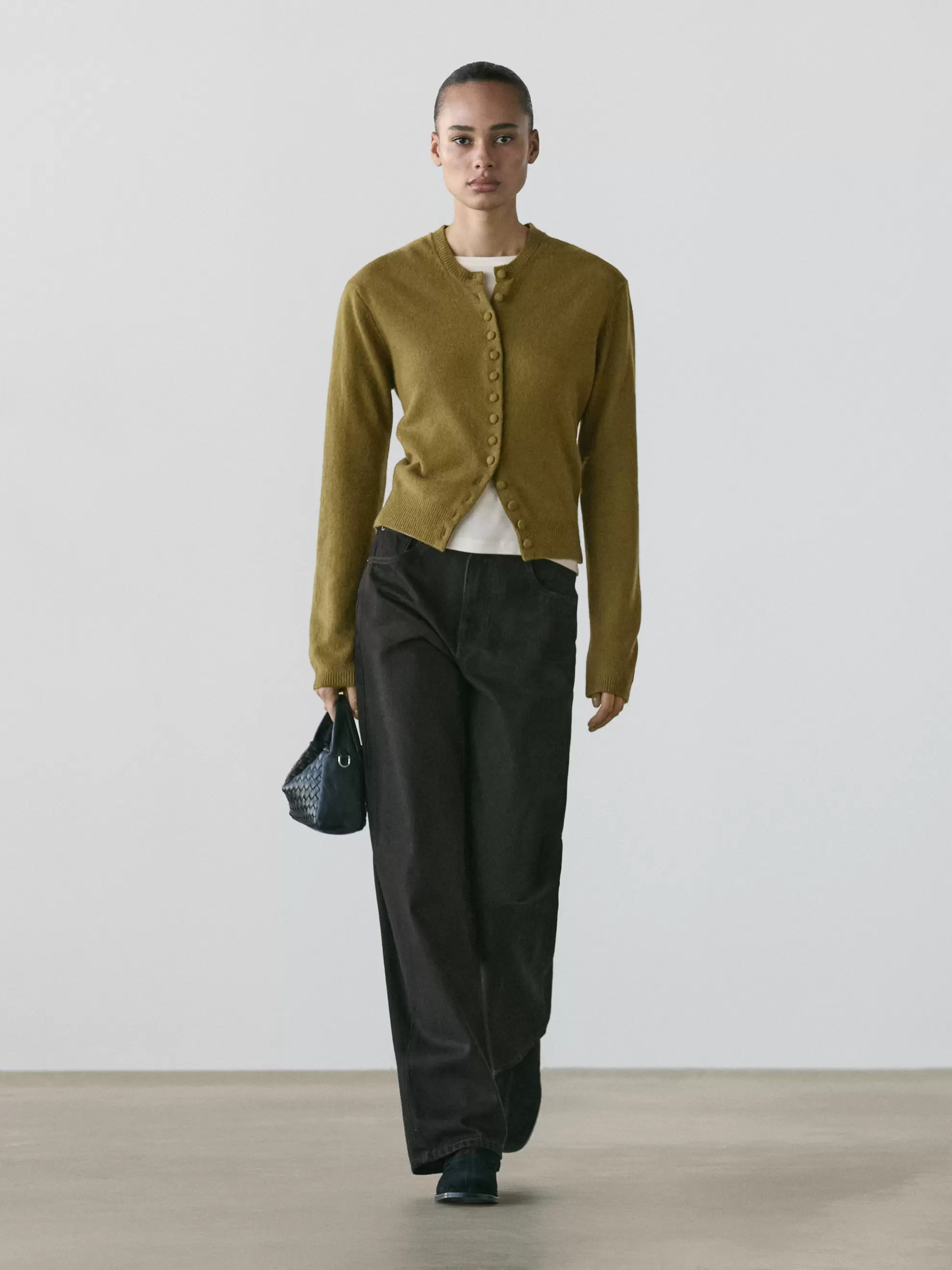 Wool knit cardigan with covered buttons