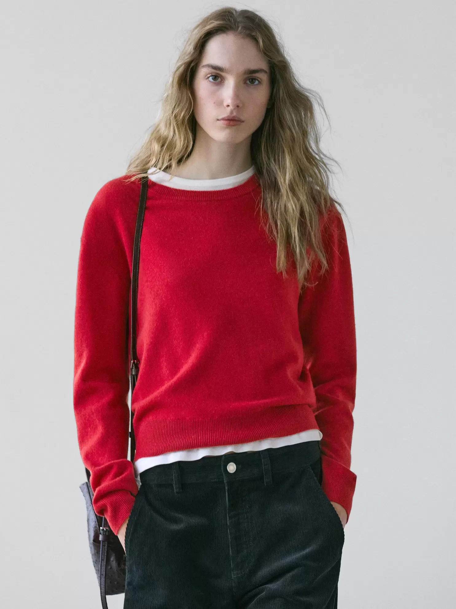 Wool blend crew neck knit sweater