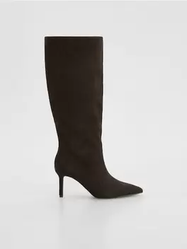 Botine până la genunchi cu toc cui, din piele