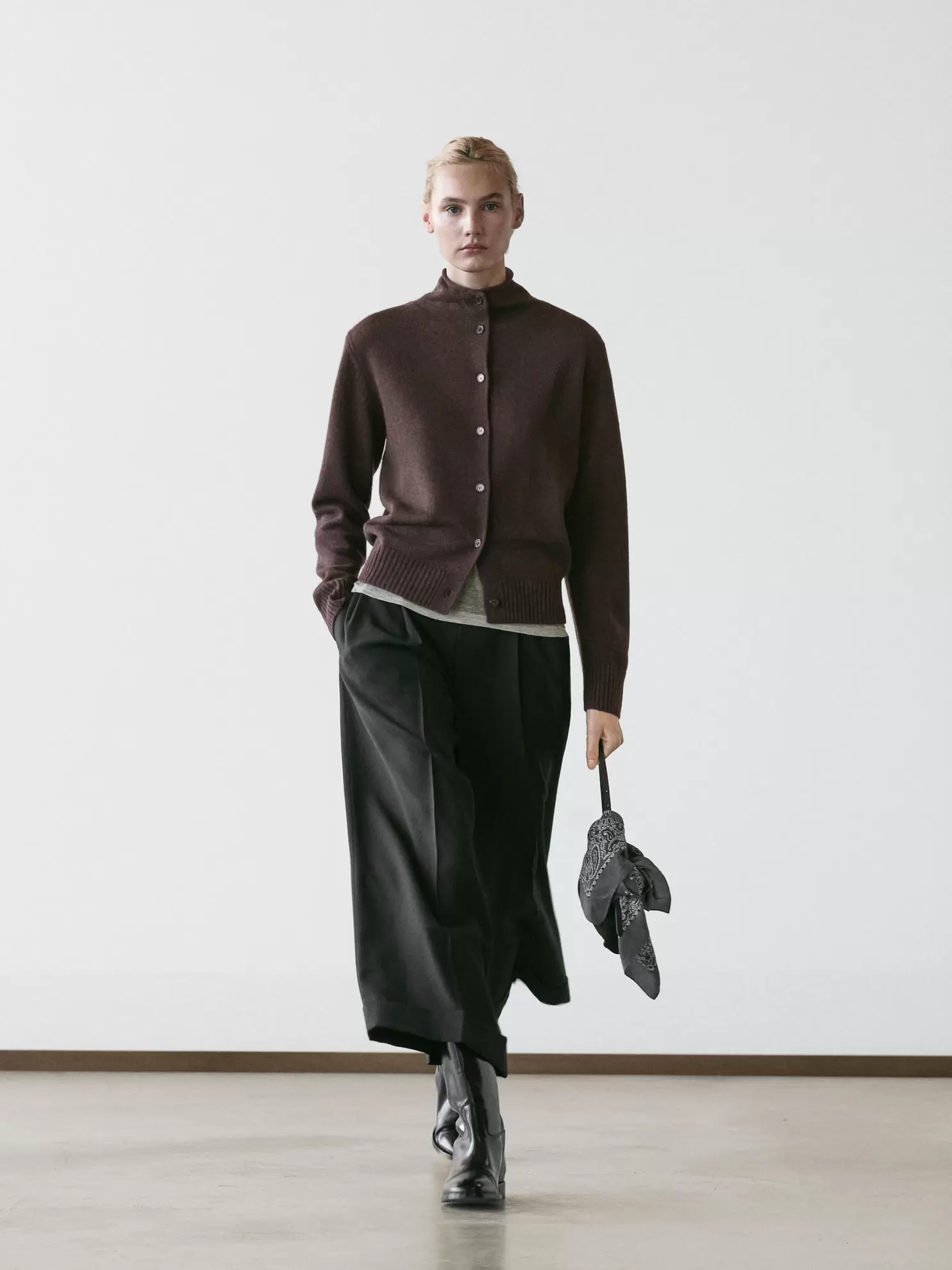 Wool high neck knit cardigan