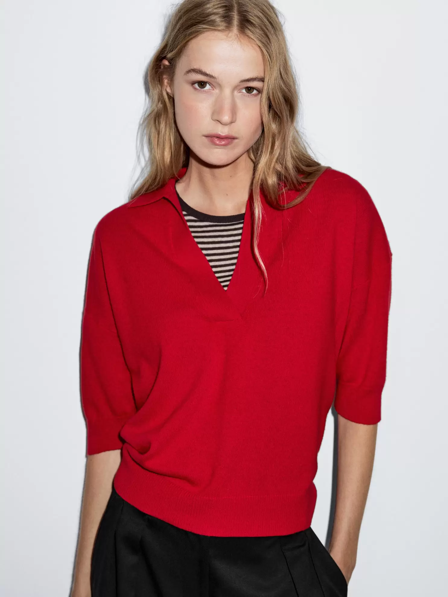 Wool blend knit V-neck polo shirt