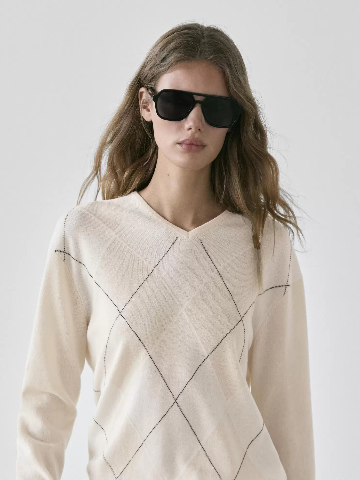 Wool argyle knit sweater