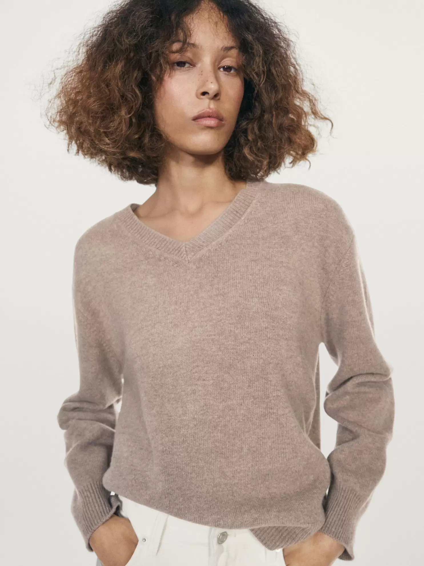 V-neck knit sweater with elbow patches