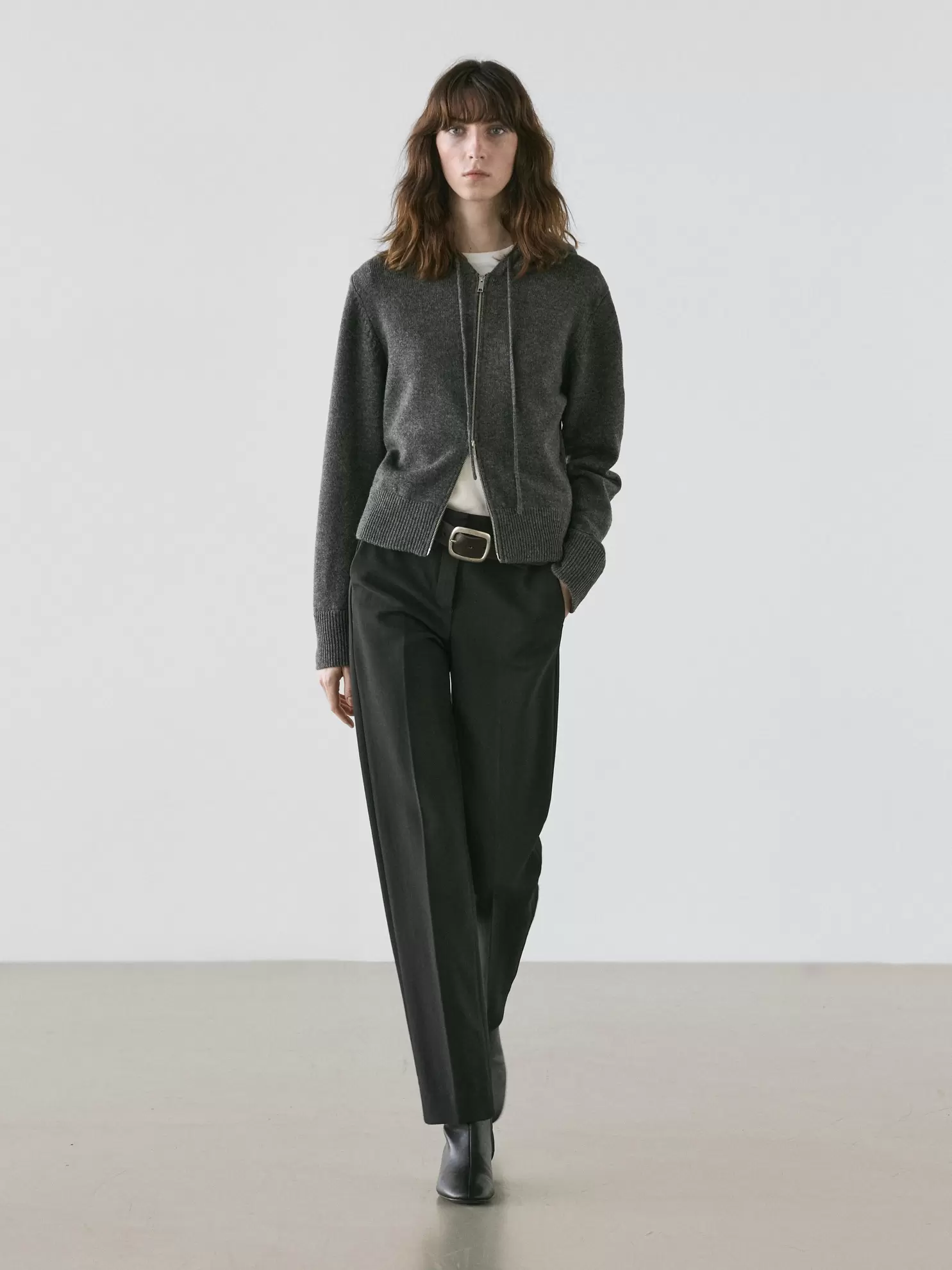 Wool blend zip-up cardigan with hood