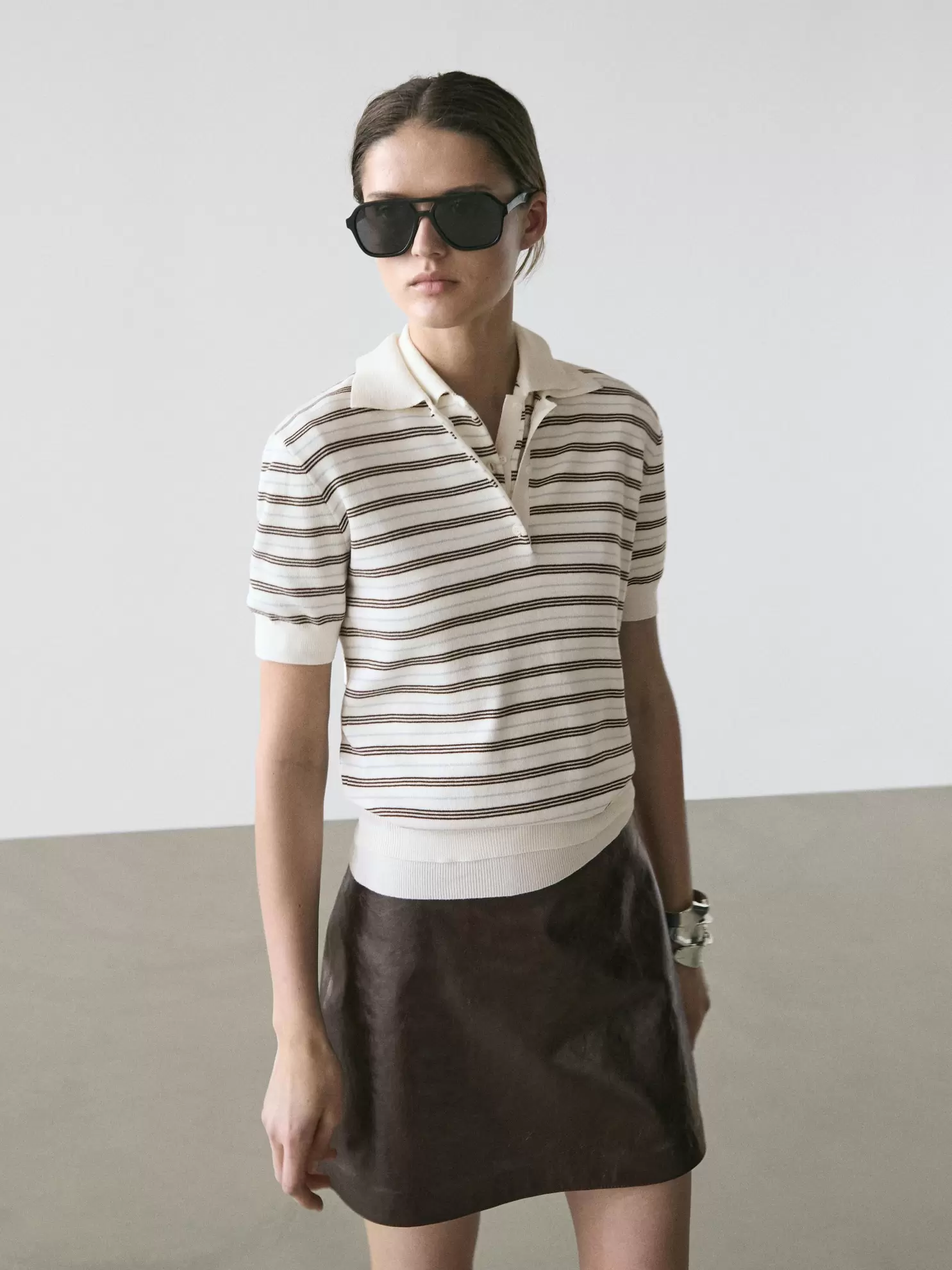 Striped short-sleeve knit polo shirt
