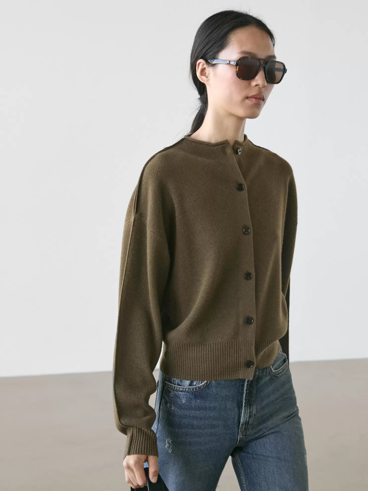 Wool blend knit cardigan with seam details