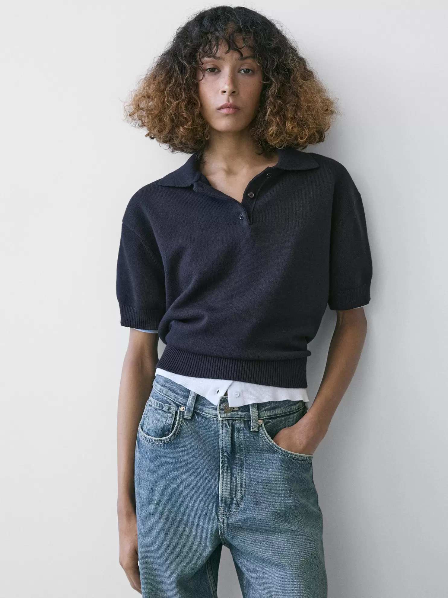 Wool blend knit polo sweater