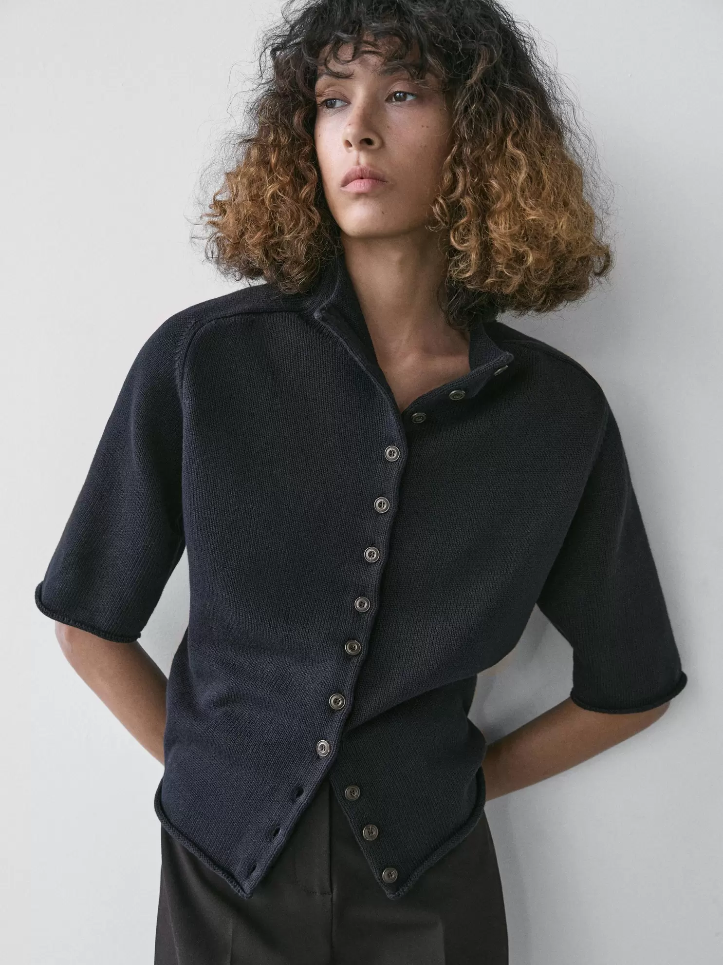 Knit cardigan with elbow-length sleeves