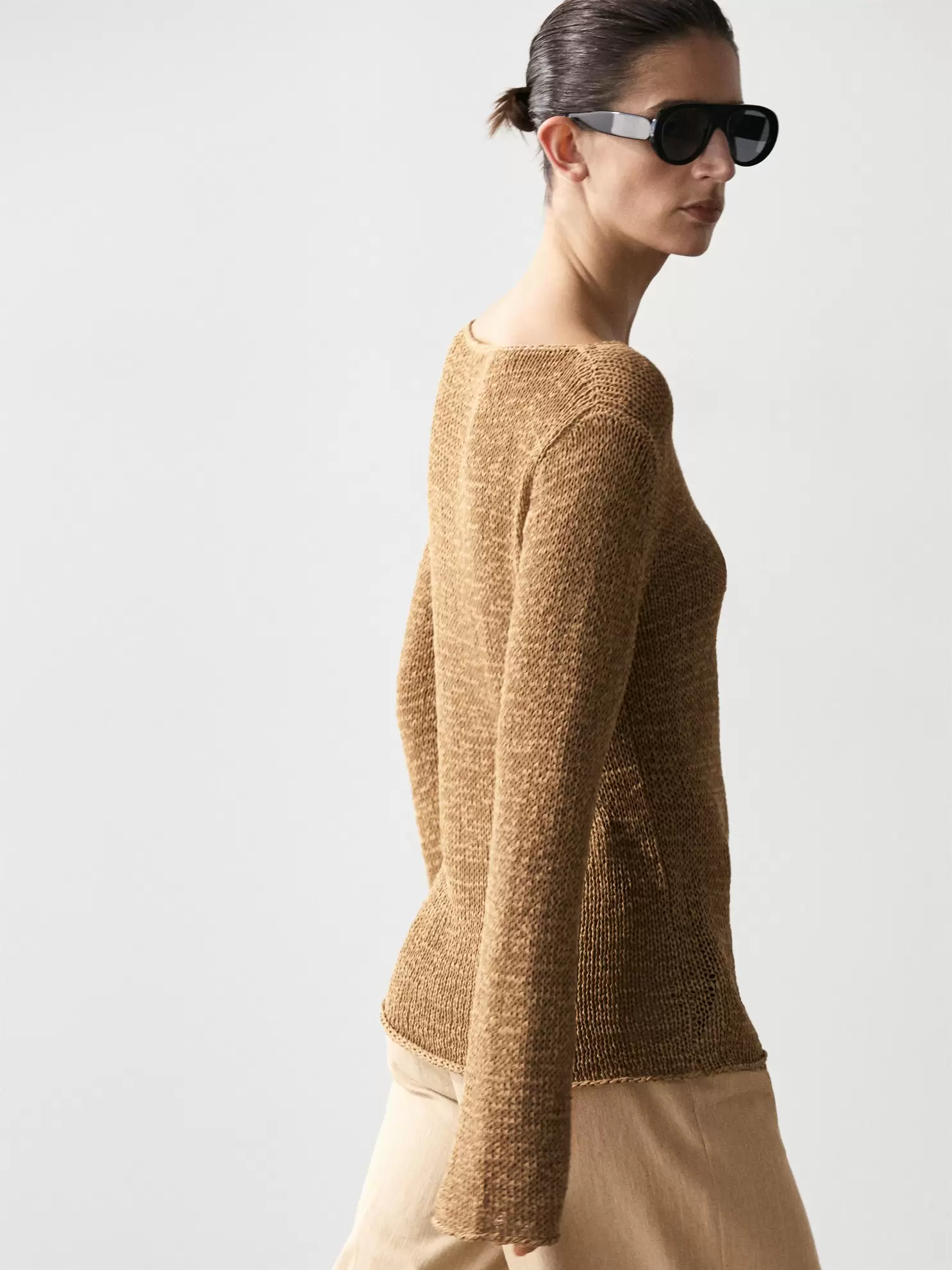 Cotton blend knit boat neck sweater