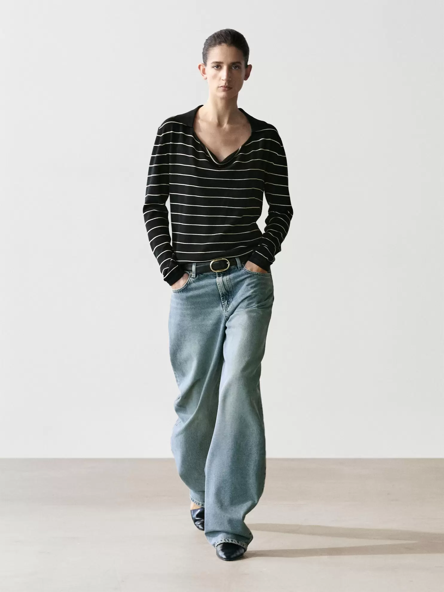 Cotton striped knit polo sweater