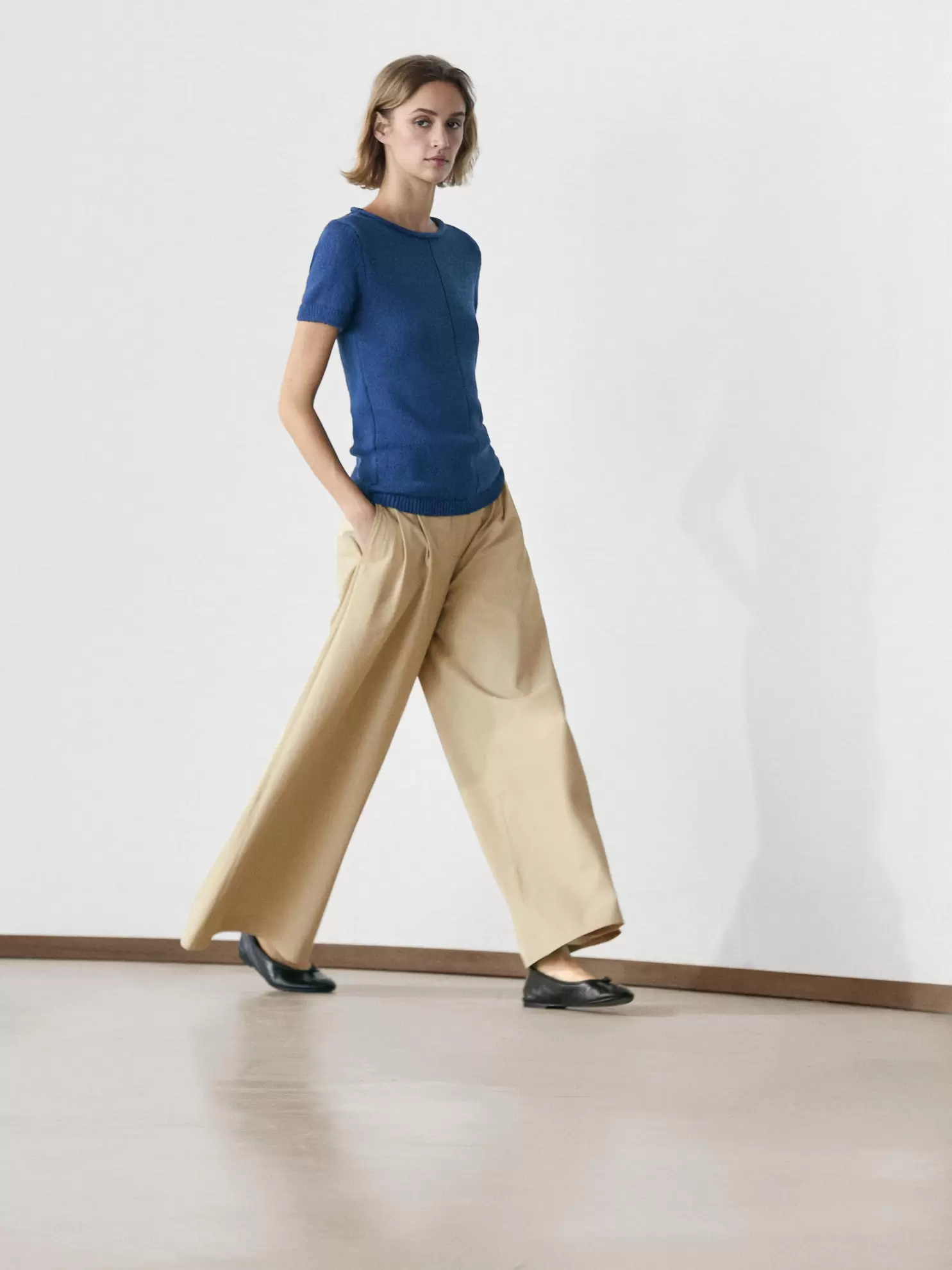 Short sleeve knit cotton blend sweater