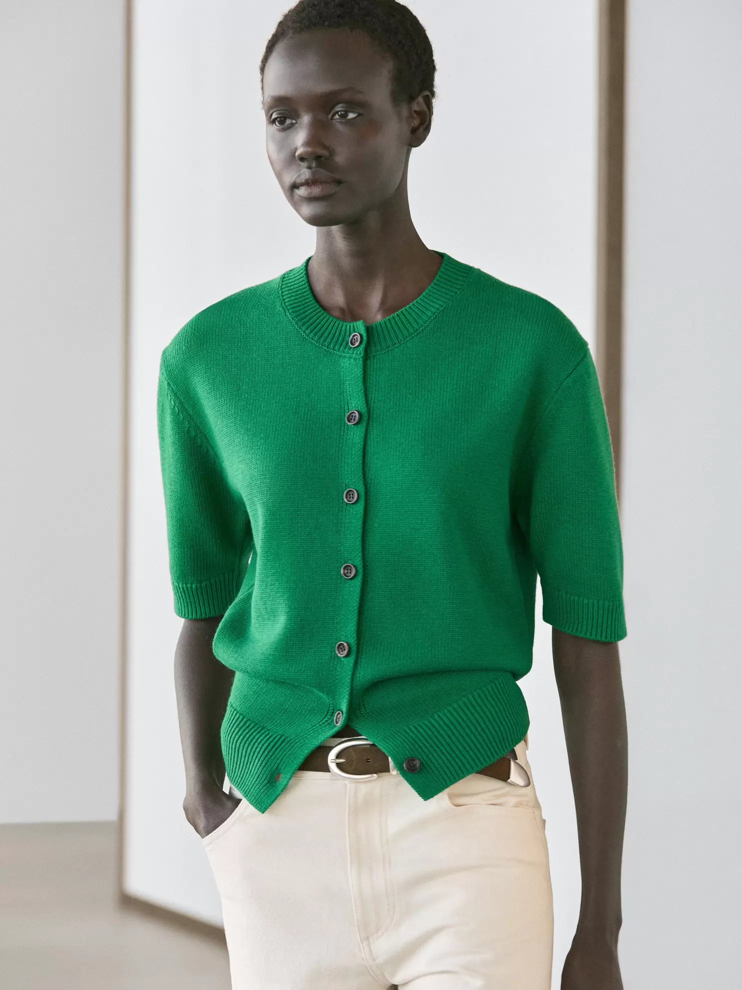 Cotton blend short sleeve knit cardigan