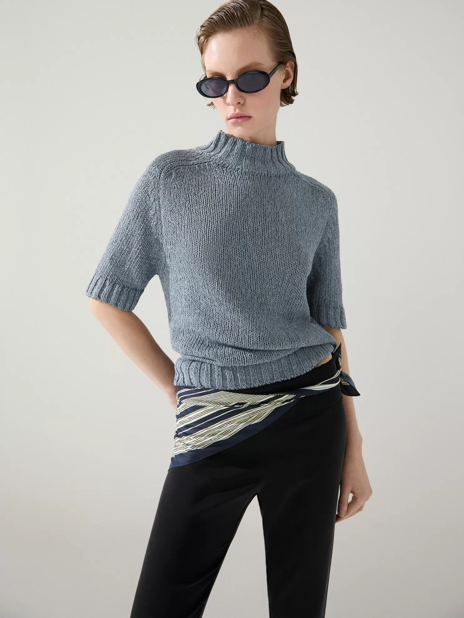 Cotton blend knit sweater with mock turtleneck