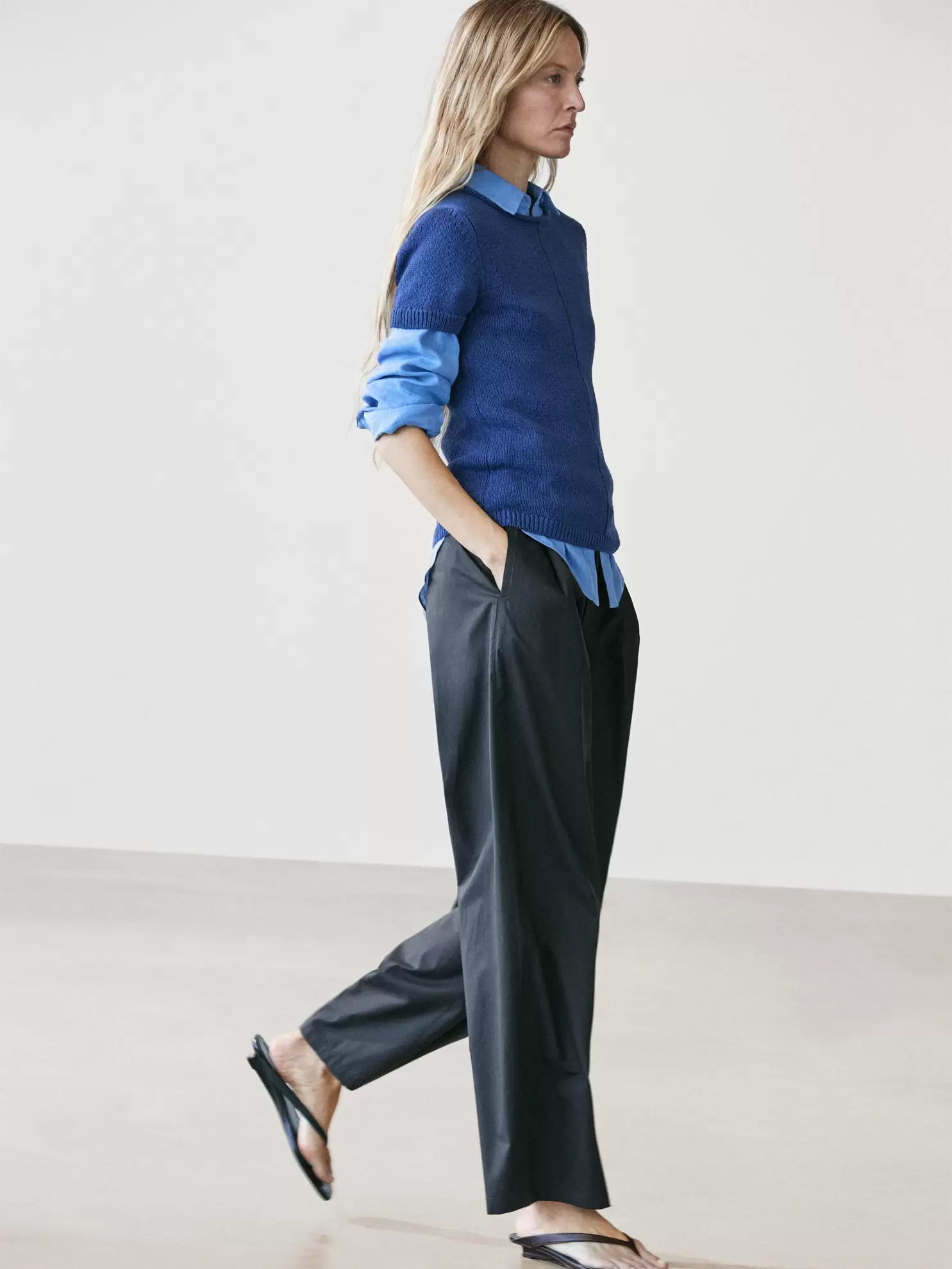 Short sleeve knit cotton blend sweater