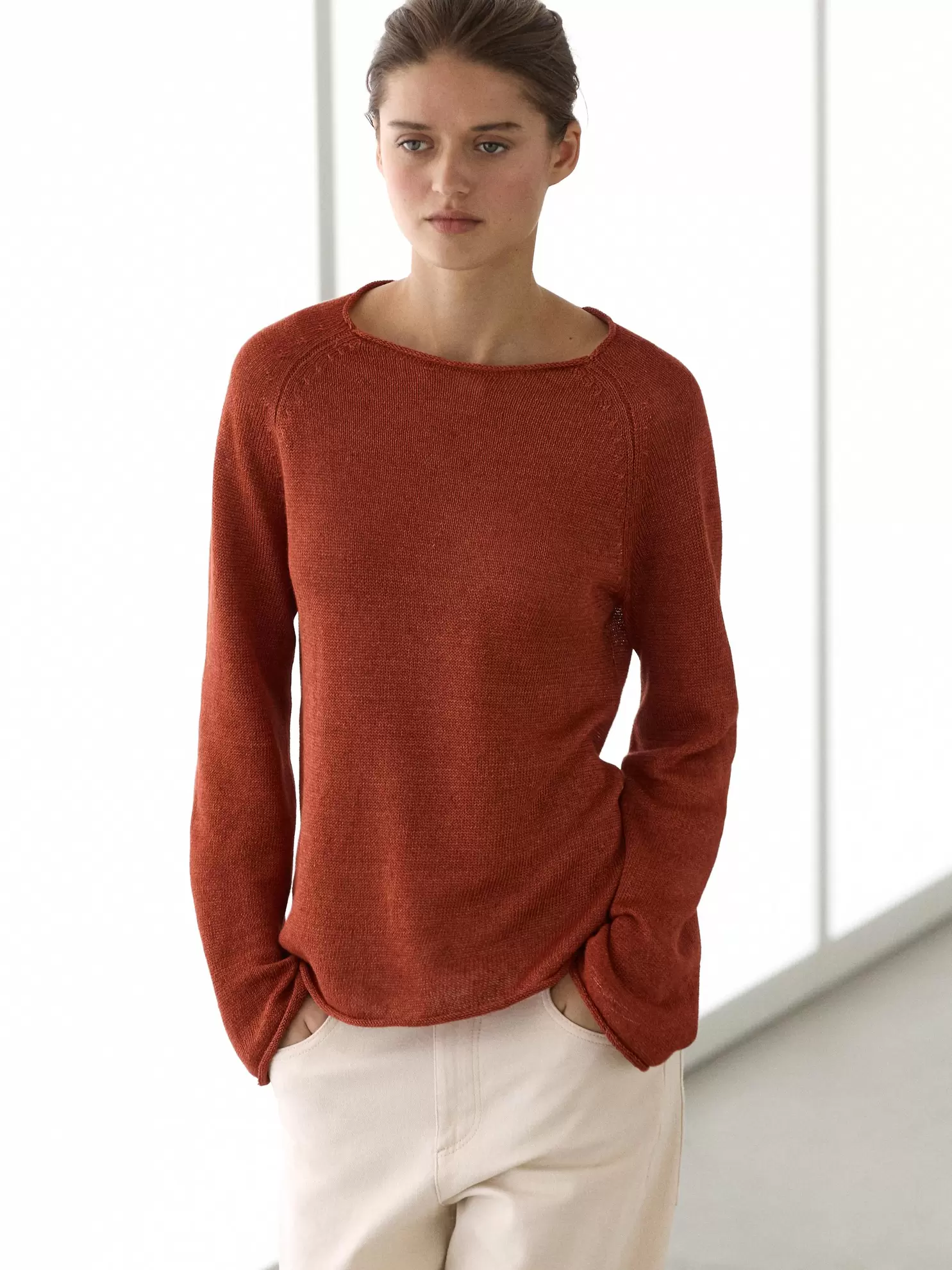 Linen knit crew neck sweater