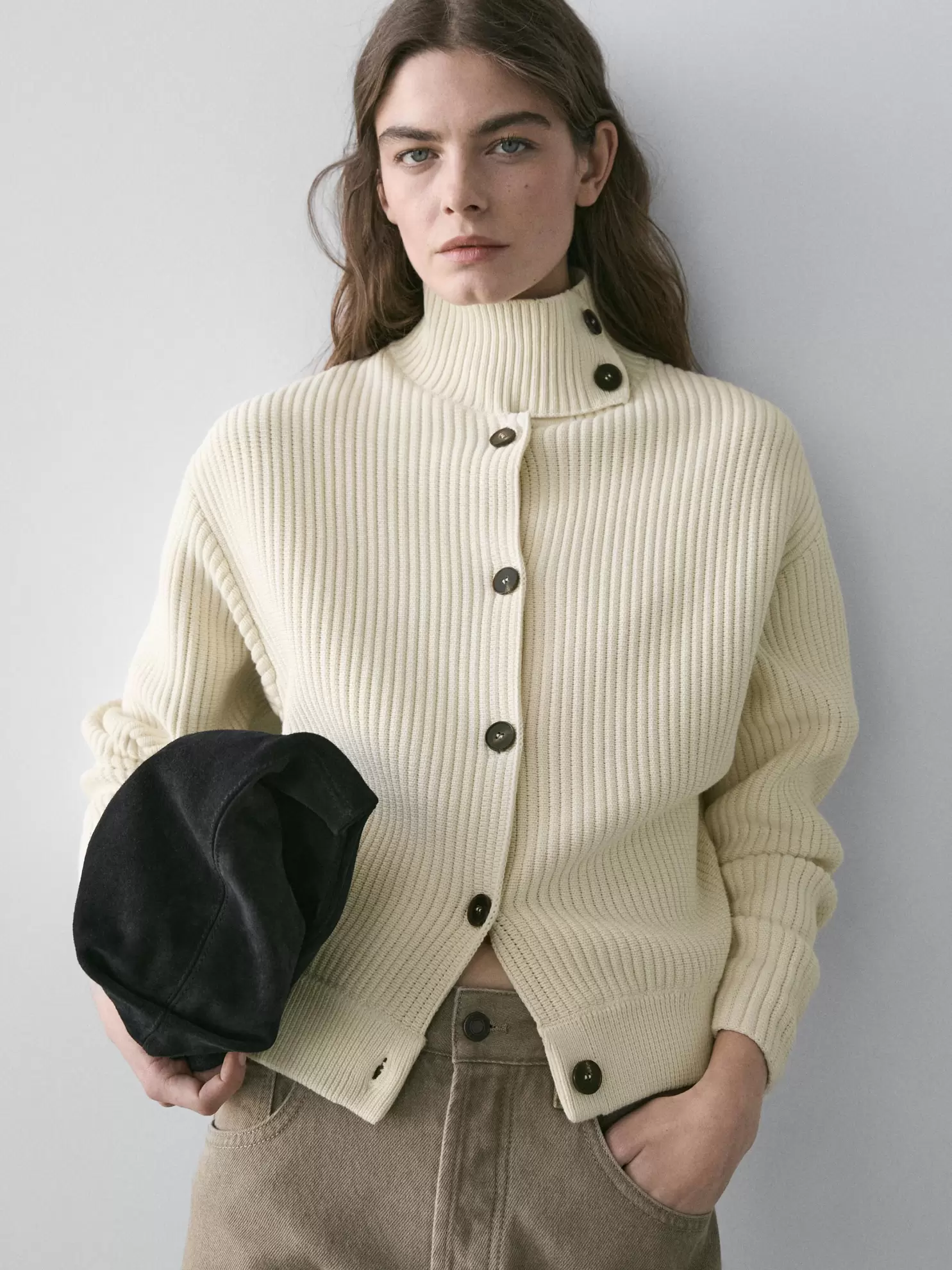 Cotton high neck knit cardigan