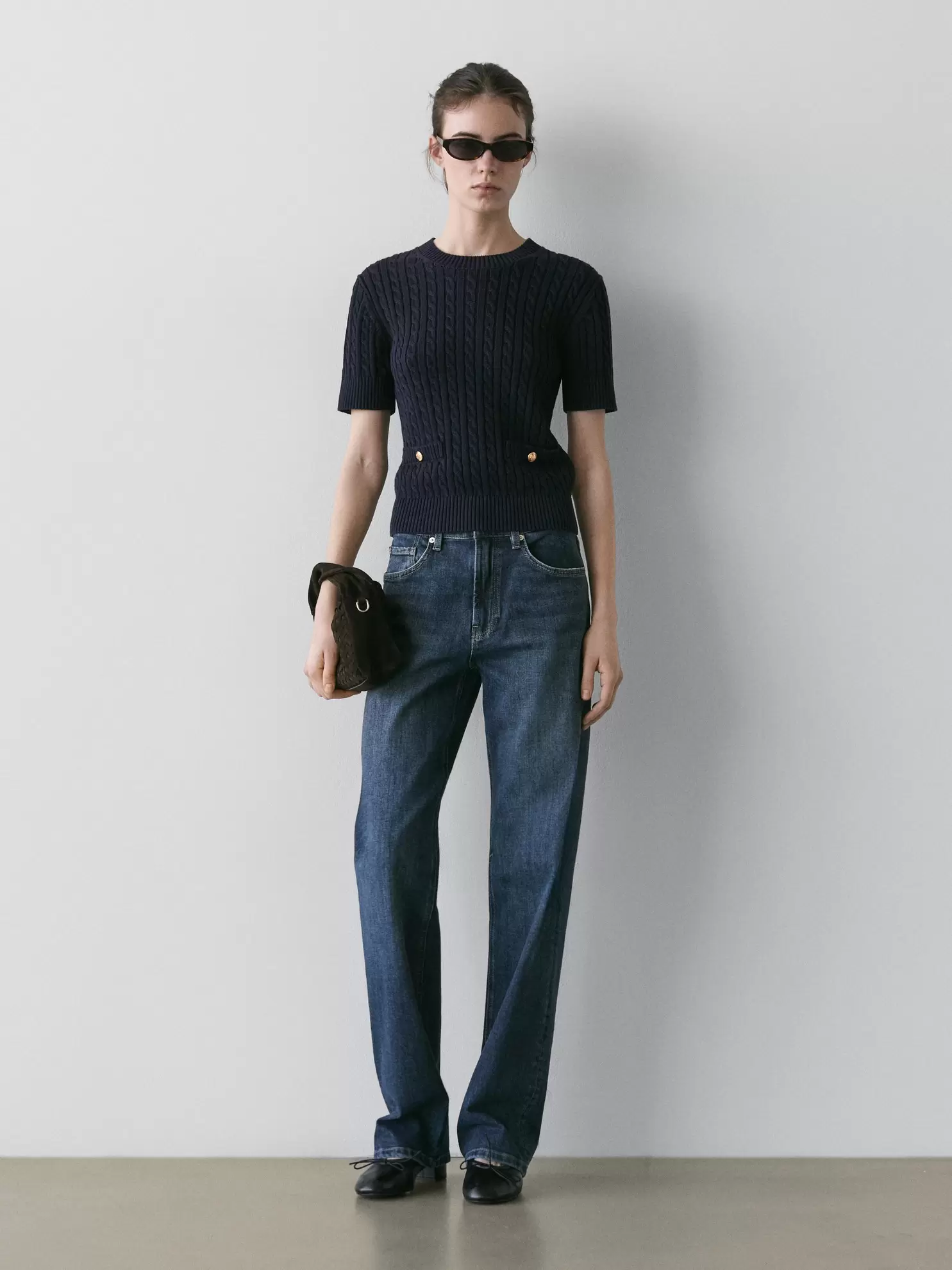 Short sleeve braided knit sweater