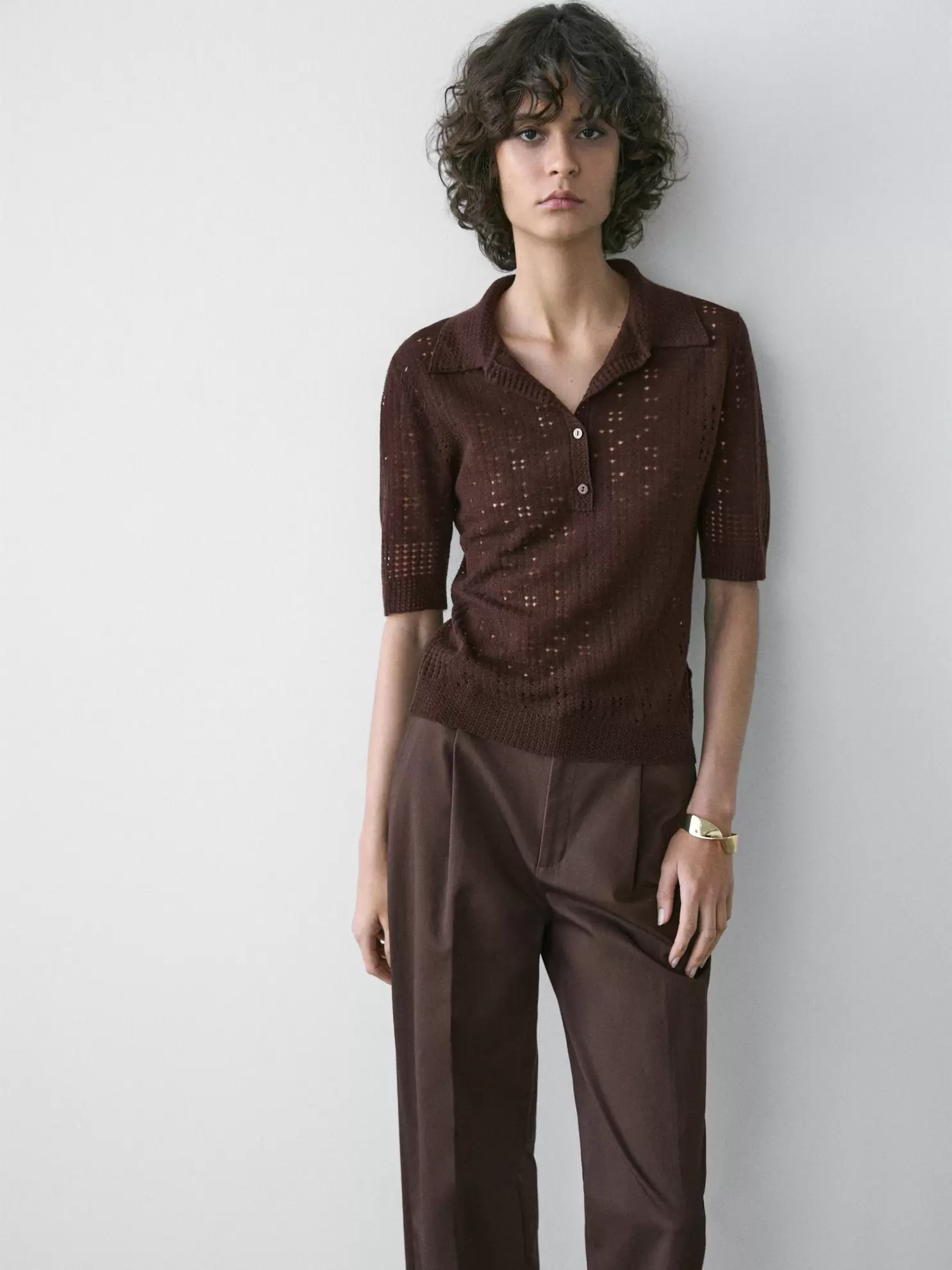 Short sleeve wool blend knit polo shirt