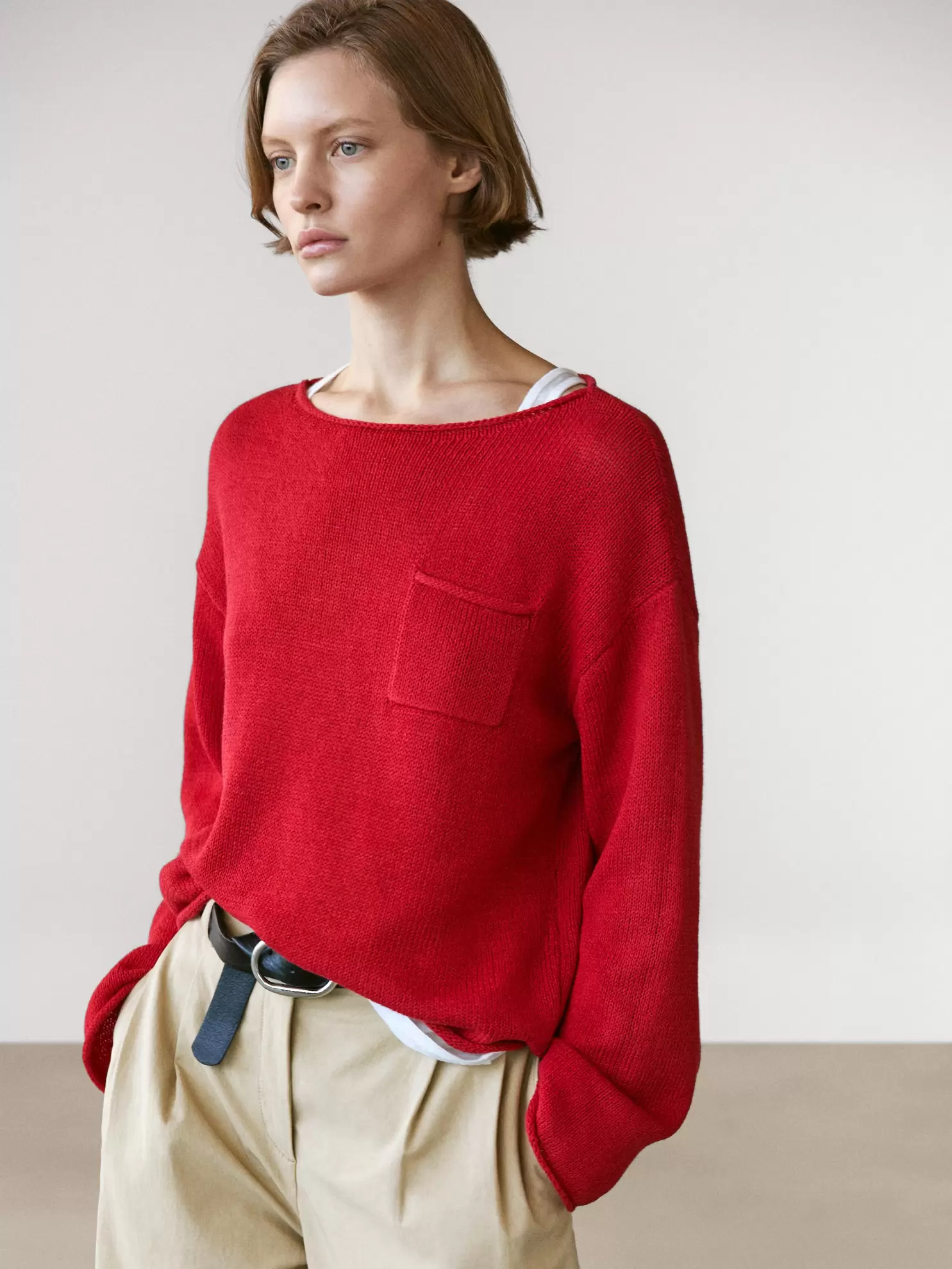 Cotton and linen knit sweater with pocket detail