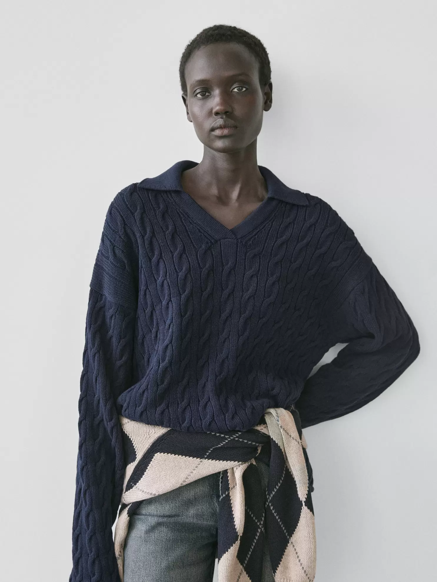 Cotton blend knit polo collar sweater